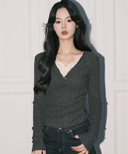 원본 사람들 면 구덩이 기사 연삭 털 품격 회색 레이스 페이크 레이어드 V넥 핫걸 긴팔 만나는 맨위