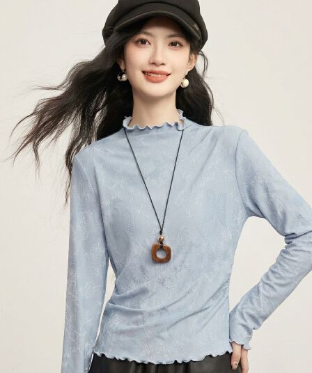 고급 센스 안개 안개 블루 긴팔 기본 셔츠 여성 몸매 가꾸기 디스플레이 화이트 봄 가을 새로운 프릴 자카드 작은 터틀넥 맨위