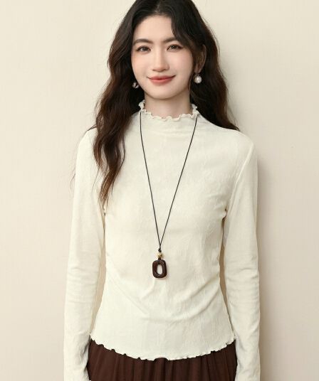 프랑스식 부드러운 반하이넥 기본 셔츠 여성 봄 가을 몸매 가꾸기 슬림해 보이는 프릴 자카드 질감 긴팔 인사이드 잡아라. 의류