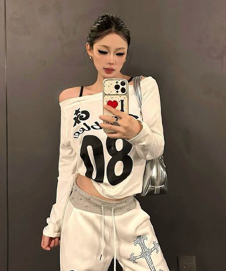 220 그램 92 면 8 암모니아 Lun 오프숄더 티셔츠 여성 긴 소매 기본 셔츠