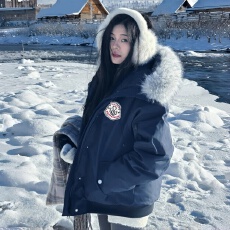 批发美式藏青色派克服冬季羽绒棉服潮牌大毛领<b class='q'>男</b>女情侣面包服夹克工装