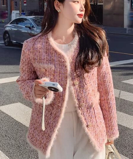 핑크색 작은 샤넬 스타일 두꺼움 여성 코트 가을 겨울 2026 새로운 폭발 고급 절묘한 여성 쇼트 스타일 내피 면 의류