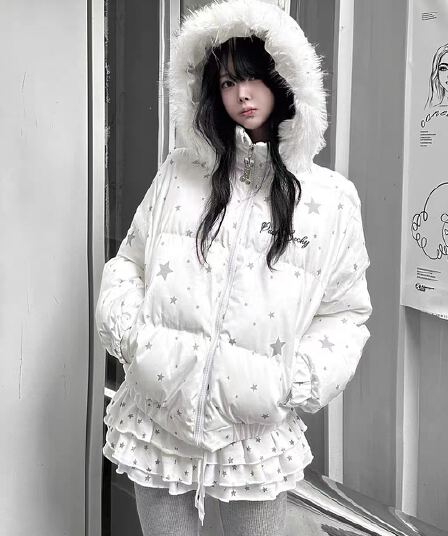 카레 사람들 겨울 귀여운 별 프린트 모피 칼라 후드 면 의류 여성 코트 새로운 두꺼운 보온 맨위 일본과 한국
