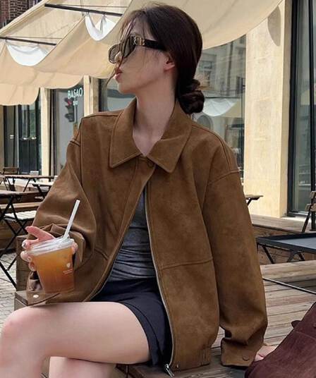 원본 것 새로운 레트로 스웨이드 원단 여성 코트 가을 겨울철 루즈핏 폴로 칼라 캐주얼 오토바이 재킷 맨위