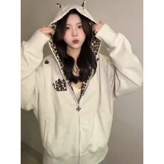 批发美式豹纹刺绣外套<b class='q'>女</b>秋季2026新款设计感小众宽松开衫拉链连帽卫衣