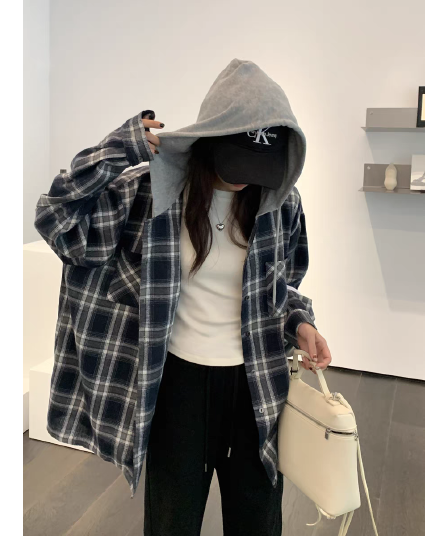 레트로 후드 체크무늬 여성 셔츠 새로운 학원 스타일 가을 루즈핏 느긋한 바람 작은 키 셔츠 연삭 털 얇은 코트