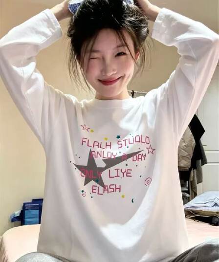 21 순면 이후 패키지 칼라 프린트 긴팔 티셔츠 여성 루즈핏 라운드 넥 맨위