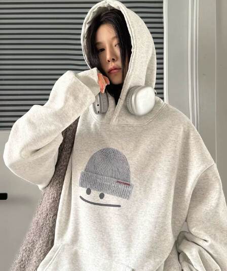 후아 면 복합 없음 모자 로프 있음 주머니 후드 티 스웨터 여성 프린트 얇은 스타일 털이 있는