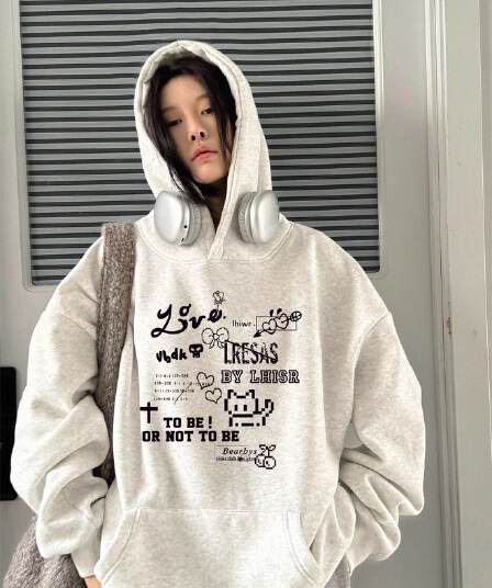 후아 면 복합 없음 모자 로프 있음 주머니 후드 티 스웨터 여성 프린트 얇은 스타일 털이 있는