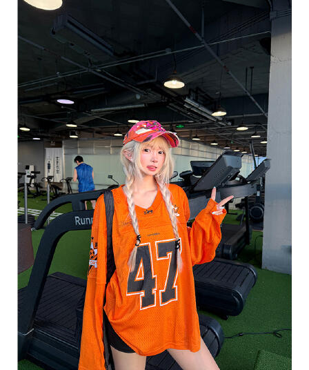 원본 메쉬 원단 47 번호 저지 아메리칸 높음 거리 알파벳 프린트 악당 잘 생긴 거리 긴팔 티셔츠 남녀 가을