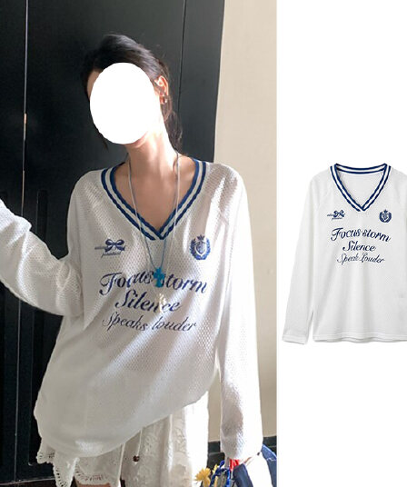 원본 원단 구멍 천 아메리칸 알파벳 프린트 공 서비스 저지 배색 V넥 긴팔 티셔츠 메쉬 태양 보호 셔츠 여성 가을