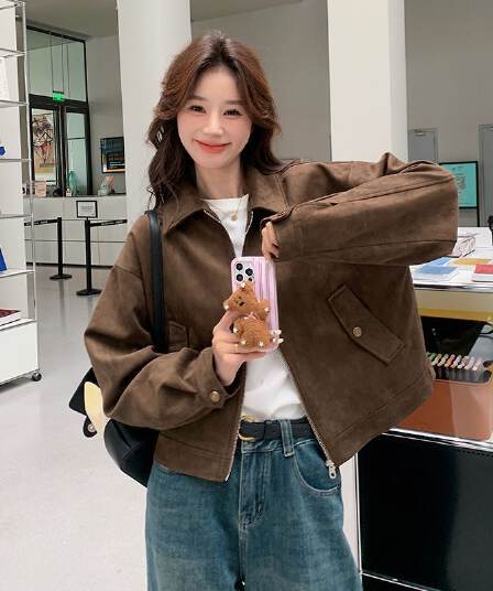아름다움 라드. 쇼트 스타일 스웨이드 원단 여성 코트 봄과 가을 옷 아메리칸 레트로 느긋한 chic 다시 차가운 다시 바람의 소리 가죽 재킷 재킷