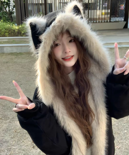 한국 스타일 달콤한 차가운 바람 고양이 귀 모피 칼라 후드 검정색 솜을 넣은 보온 면 옷 여성 겨울 새로운 다용도 면 옷 트렌디