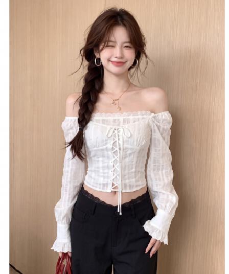 포함 면 원단 지퍼 명중 가져 가라. 작은 대중 달콤한 미국 칼라 레이스 칼라 십자가 스트랩 거품 소매 쇼트 스타일 작은 셔츠