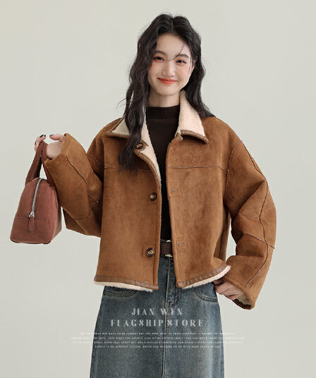 겨울 새로운 모방 스웨이드 원단 양면 착용 여성 코트 피모 하나 커피 색상 보온 폴로 칼라 재킷 오픈 가디건