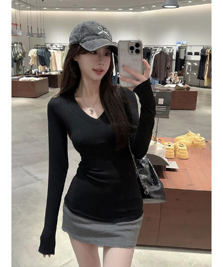 충동 섹션 V넥 기본 셔츠 가을 몸매 가꾸기 긴팔 티셔츠 여성 빅 사이즈 캐주얼 착용 가져 가라. 단색 맨위