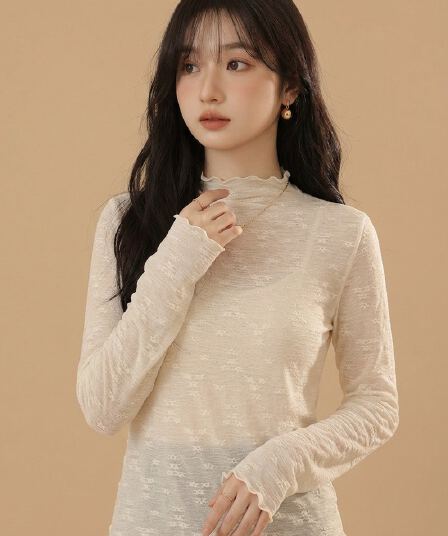 고급 센스 레이스 긴팔 기본 셔츠 여성 봄 가을 겨울 인사이드 가져 가라. 반하이넥 프릴 스택 착용 다용도 품격 맨위