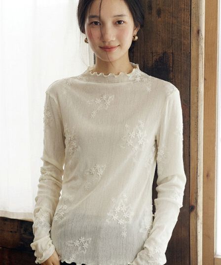부드러운 바람 레이스 자수 긴팔 기본 셔츠 여성 반하이넥 몸매 가꾸기 슬림해 보이는 망사 인사이드 가져 가라. 품격 맨위