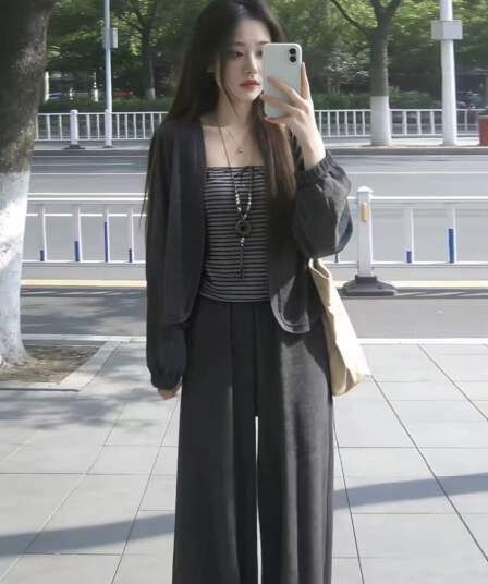 한 부서 회색 오픈 가디건 슬립 맨위 와이드 레깅스 바지 가을 2026 새로운 작은 키 그레이트 통해보기 가져 가라. 전체 집합