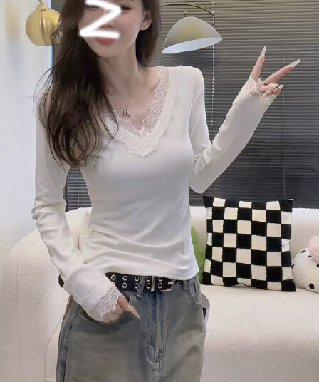 경관 그림 250그램 2 2 슈 슈 피부 플러시 V넥 레이스 기본 셔츠 여성 봄 가을 겨울 털이 있는 긴팔 티셔츠 De 플러시