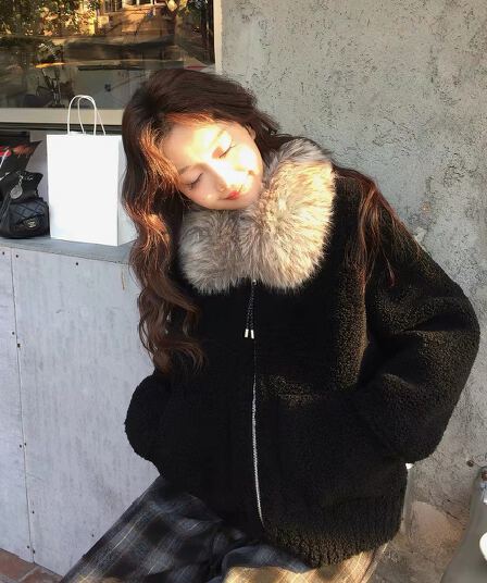 장 베이 베이 ibell 환경 보호 모방 양 어린 양 플러시 가죽 털 하나 보온 염색 포인터 전갈 모피 칼라 모피 재킷
