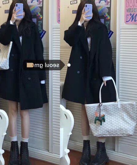 망토 모직 여성 코트 레트로 그는 벤 바람 모직 코트 여성 겨울 의류 작은 키 일본식 두꺼운 검정색 바람막이