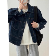 批发复古水洗深蓝<b class='q'>牛仔</b>外套女春秋款bf原宿风大码上衣宽松短款夹克外套