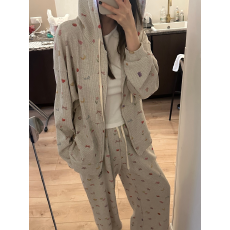 批发减龄水果印花华夫格卫衣外套女<b class='q'>秋</b>季新款韩版高腰休闲裤套装