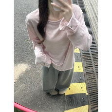 批发韩系粉色圆领长袖卷边雪花棉t恤女春秋宽松罩衫慵懒风<b class='q'>打底衫</b>上衣