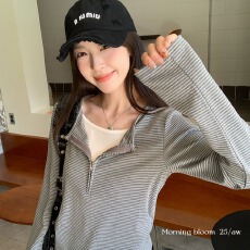 批发官图设计感假两件条纹拉链长袖<b class='q'>T</b><b class='q'>恤</b>女早秋新款修身内搭打底上衣