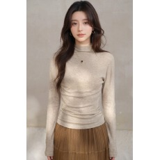 批发秋冬半高领长袖T恤<b class='q'>女</b>修身显瘦弹力打底衫燕麦色简约百搭内搭上衣