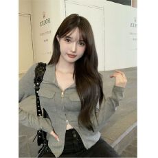 批发【原版做法】灰色辣妹短<b class='q'>外套</b>女装春秋冬拉链气质修身<b class='q'>显瘦</b>长袖上衣