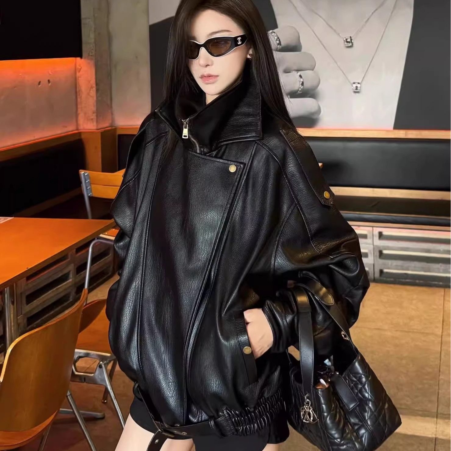 有内里高级黑色皮衣外套女秋酷飒风宽松蛋白皮机车服立领夹克 服裝批發女裝批發服飾貨源