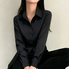 批发韩国chic黑色<b class='q'>衬衫</b>女秋季设计感小众通勤职业修身显瘦叠穿长袖<b class='q'>衬衣</b>