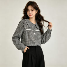 批发法式甜美黑白格子<b class='q'>衬衫</b>女秋季设计感小众宽松娃娃领蕾丝边长袖上衣