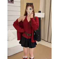 批发韩系复古慵懒<b class='q'>宽松</b>毛衣开衫外套挂脖单排扣针织吊带背心两件套女秋