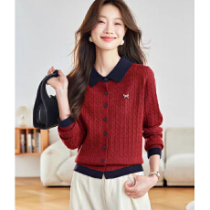 批发复古绞花拼色翻领<b class='q'>针织</b><b class='q'>开衫</b>女秋季新款巨好看外搭<b class='q'>短款</b>毛衣外套