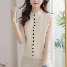 批发春<b class='q'>夏</b>新款简约百搭针织开衫马甲背心女设计感排扣无袖上衣