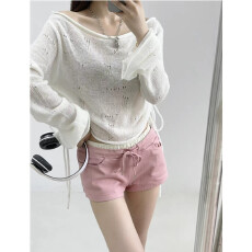 批发新款薄款一字肩<b class='q'>针织</b>衫辣妹宽松短款抽绳绑带喇叭长袖上衣防晒<b class='q'>罩衫</b>