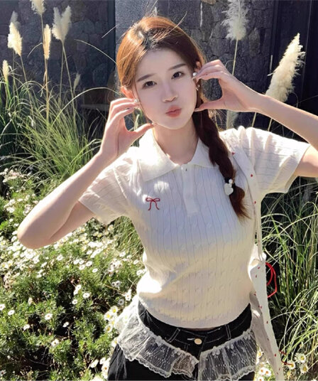 학원 스타일 polo 폴로 칼라 니트 반팔 여성 여름 새로운 나비 매듭 자수 디자인 센스 티셔츠 맨위