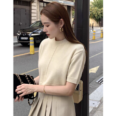 韩国chic秋季温柔气质圆领宽松休闲百搭泡泡袖针织衫毛衣上衣女