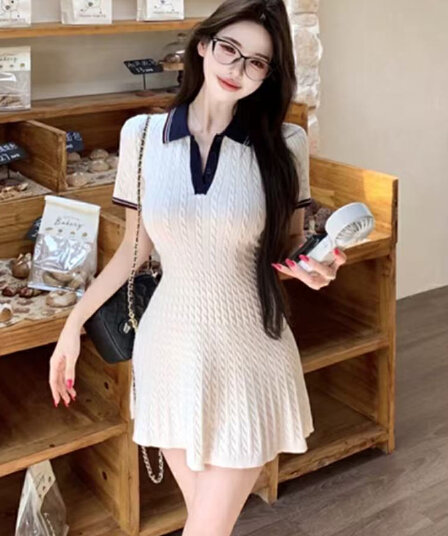 배색 꽈배기 POLO 칼라 반팔 여성 드레스 여름 허리 수축 니트 치마 학원 스타일 몸매 가꾸기 한 마디 미니 스커트