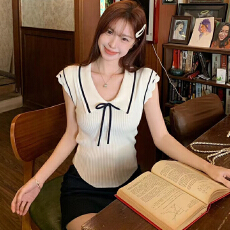 批发韩系辣妹系带蝴蝶结小飞袖针织衬衫女夏季学院风修身无袖短款上衣