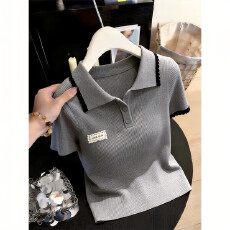 批发韩系学院风撞色翻领短袖针织衫夏季新款<b class='q'>甜美</b>洋气减龄套头上衣