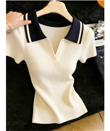 POLO 셔츠 폴로 칼라 얼음 실크 반팔 니트 스웨터 여성 얇은 스타일 외국 가스 티셔츠 루즈핏 연령 감소 배색 맨위