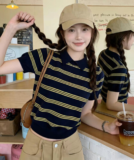 한국 스타일 학원 스타일 POLO 칼라 스트라이프 니트 반팔 여성 이른 가을 몸매 가꾸기 슬림해 보이는 다용도 디자인 센스 맨위