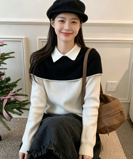 흑인과 백인 배색 페이크 레이어드 폴로 칼라 긴팔 니트 스웨터 여성 가을 새로운 몸매 가꾸기 기본 셔츠 품격 맨위