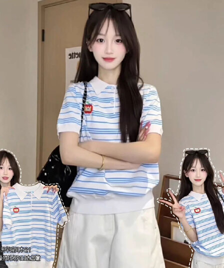 스트라이프 POLO 칼라 반팔 니트 스웨터 여성 여름 얇은 스타일 작은 대중 디자인 센스 슬림해 보이는 학원 스타일 쇼트 스타일 맨위 트렌디