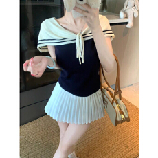 批发海军风一字肩系带无袖针织上衣女<b class='q'>夏</b>韩系设计感修身小众上衣