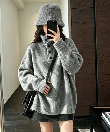 레트로 터틀넥 풀오버 스웨터 여자 가을 겨울 두꺼운 외출용 느긋한 바람 루즈핏 폴로 칼라 부드러운 찹쌀 니트 맨위